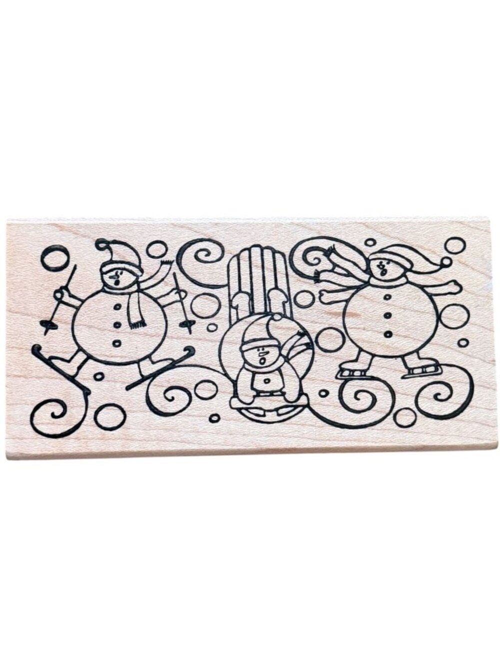 Whimsical Winter Snowmen Wood Rubber Stamp - Active Snowman Trio-GUC